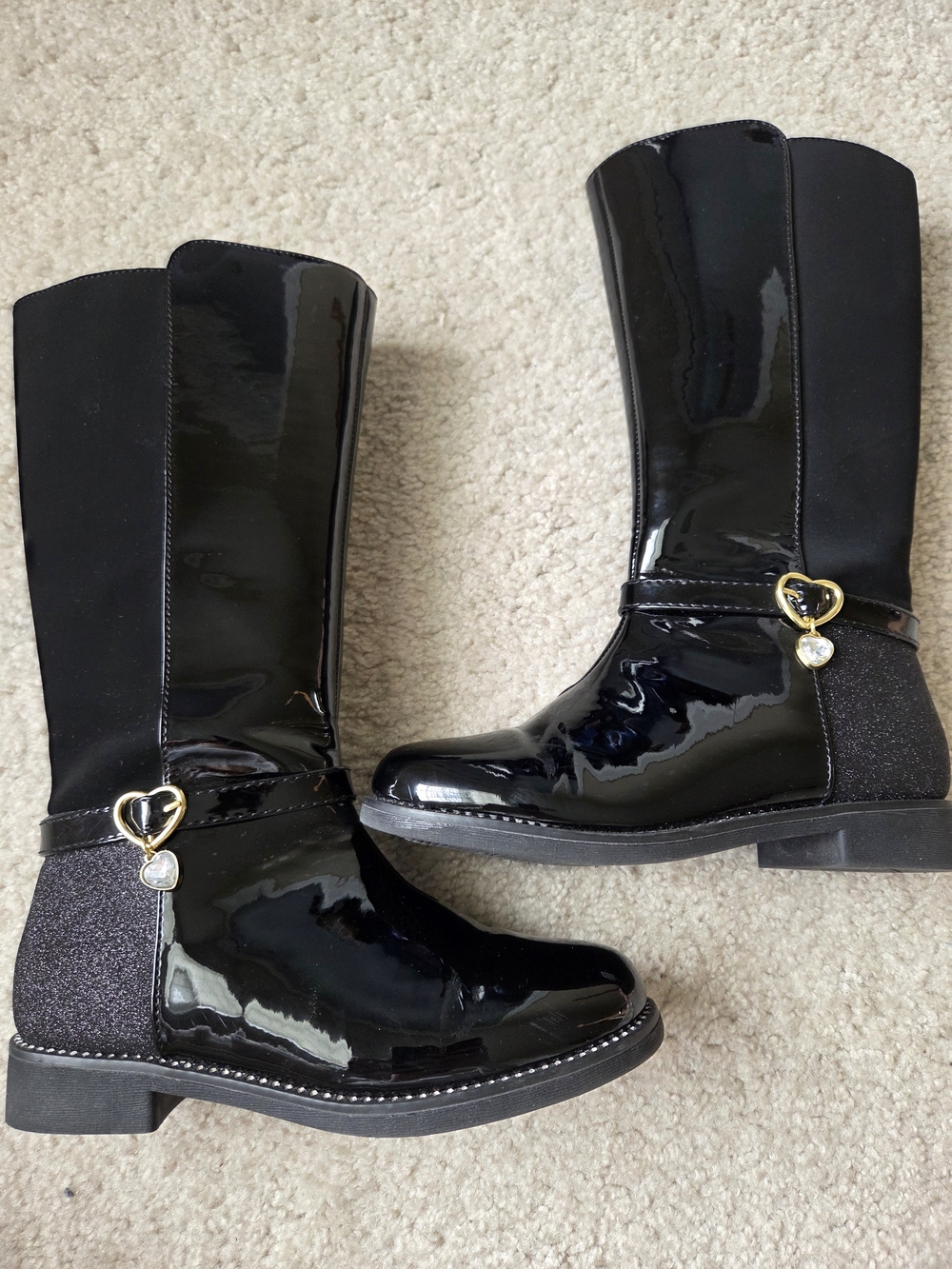 Black Patent Knee-High Girls' Boots with Heart Charm Size 12
